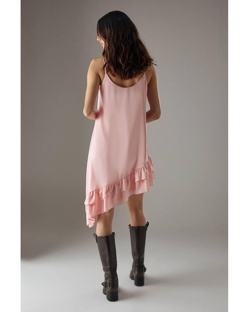 Warehouse Orange Satin Asymmetric Ruffle Mini Strappy Dress
