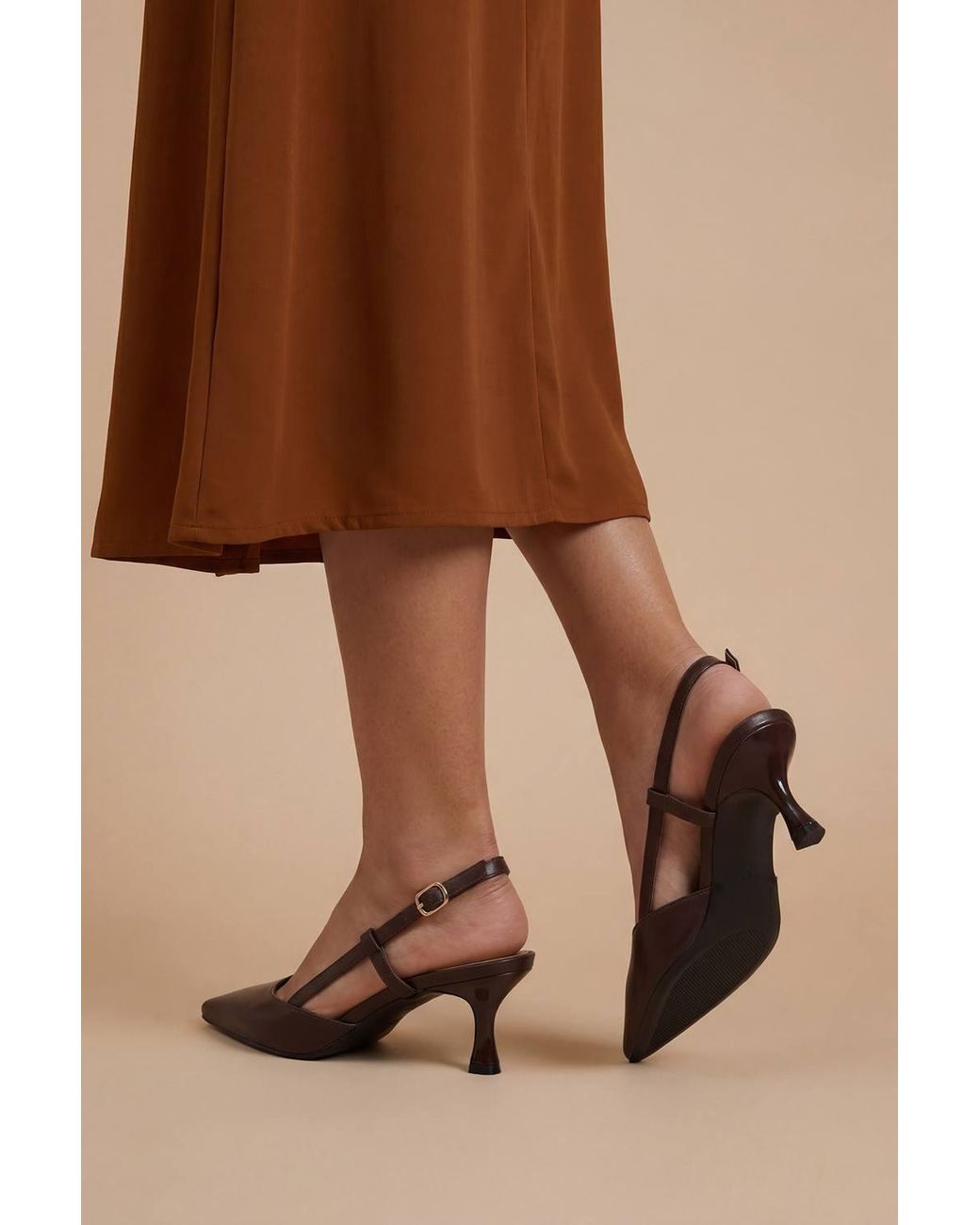 Dorothy Perkins Brown Luneth Kitten Heel Slingback Faux Leather Court Shoes