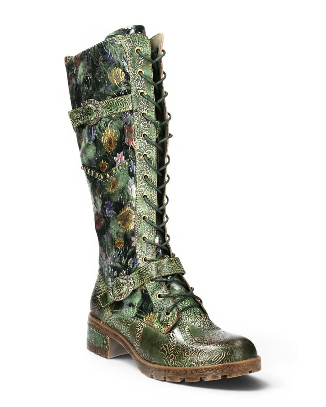 Infinity Leather Green Victorian Leather High Lace-Up Long Boots