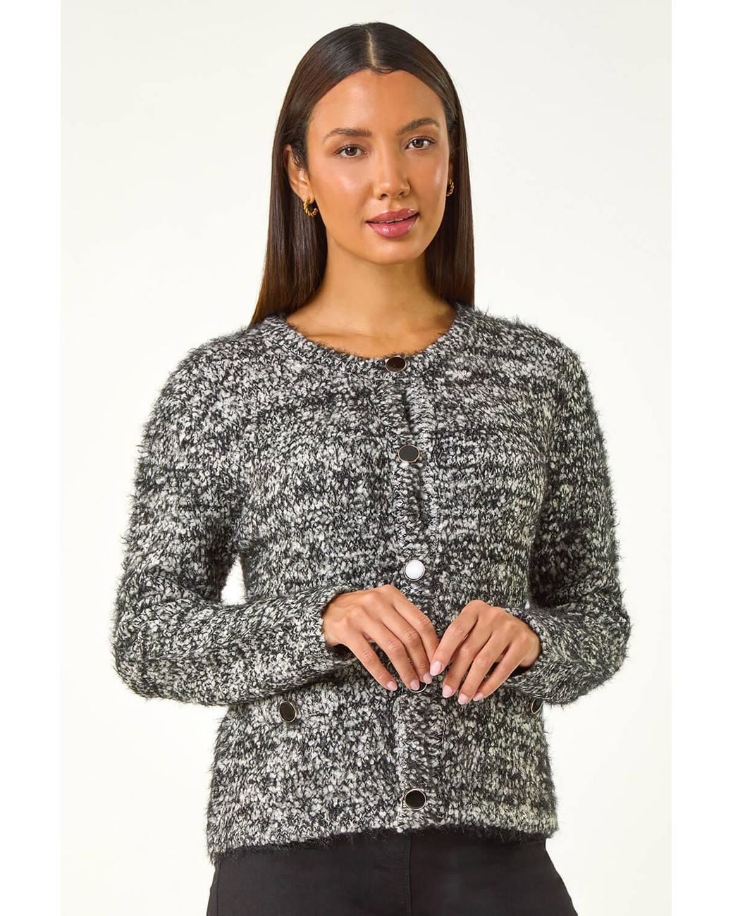Roman Gray Fluffy Buttoned Knit Cardigan