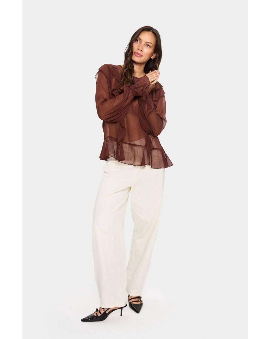 Saint Tropez Brown Labellesz Sheer Ruffle Blouse