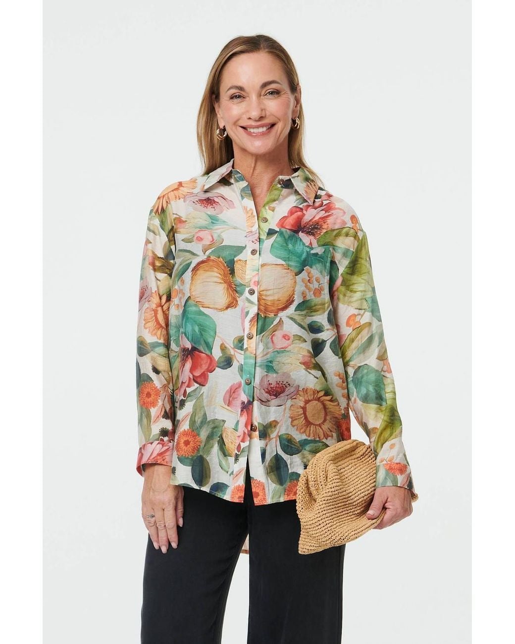 Izabel London Green Floral Long Sleeve Relaxed Fit Shirt