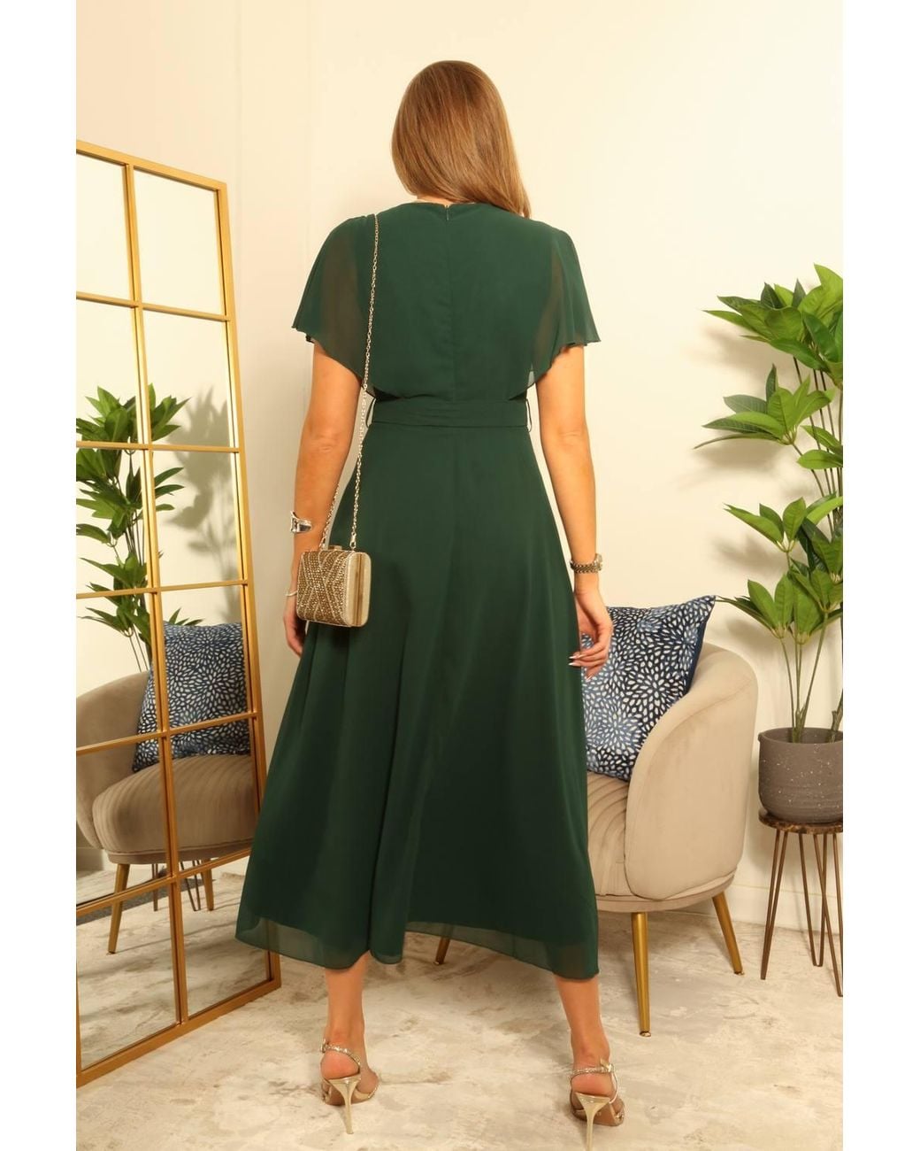Double Second Black Chiffon Wrap Dress W/ Cape Sleeves