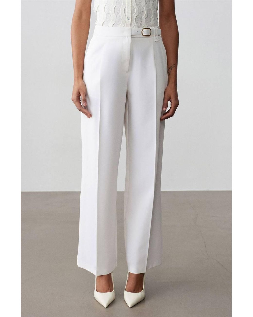 Dilvin Green Wide-Leg Belted Crepe Trousers