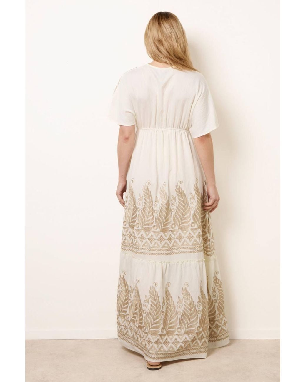 Blue Vanilla Natural Elasticated Waist Short Sleeve V-Neck Maxi Dress