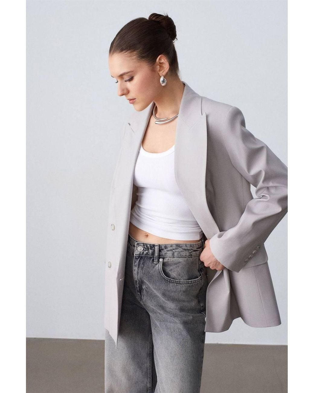 Dilvin Gray Long Crepe Blazer Jacket