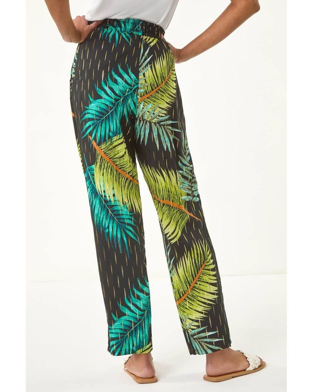 Roman Green Shimmer Palm Print Harem Trouser