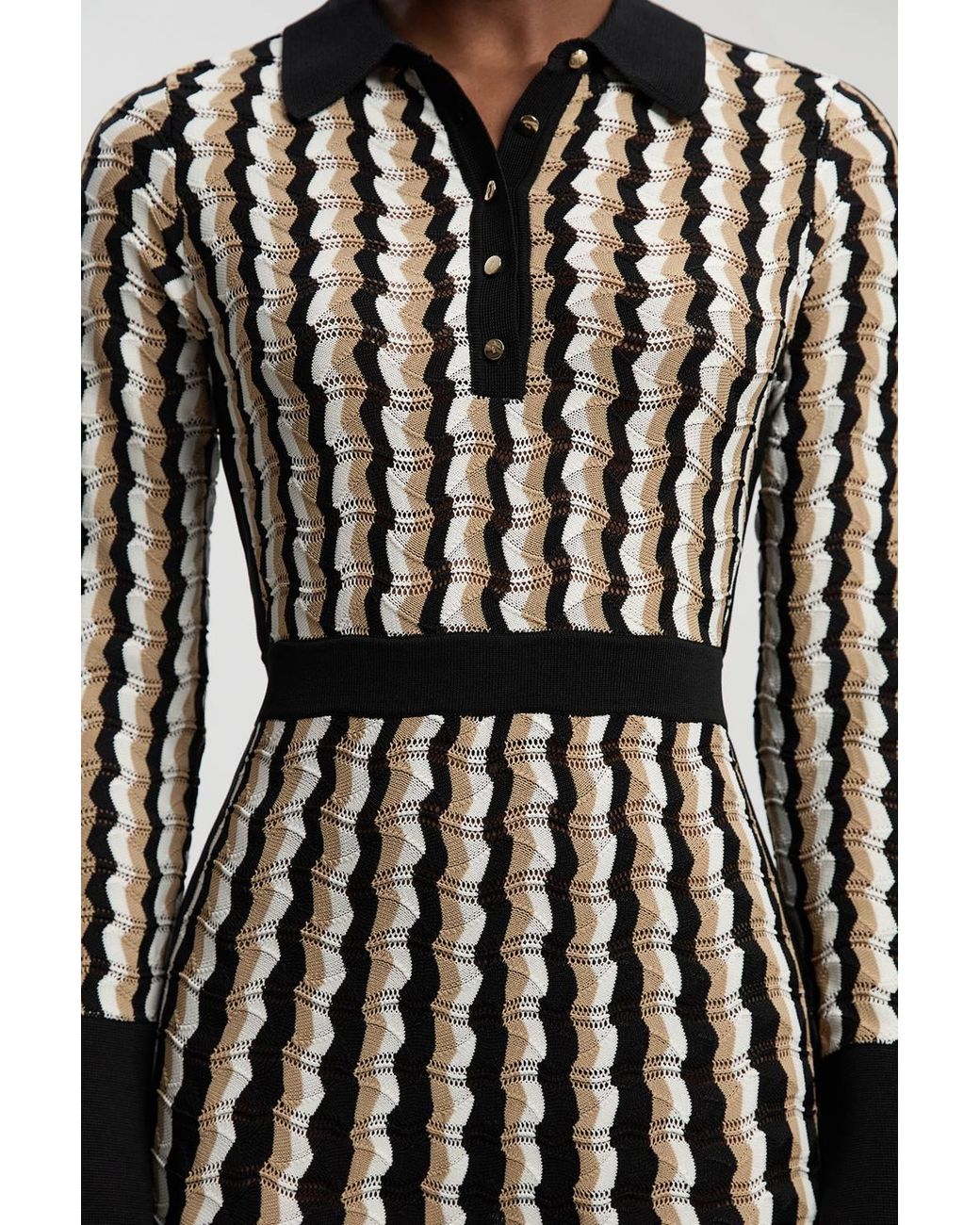 Karen Millen Natural Knit Pointelle Contrast Collared Midi Dress