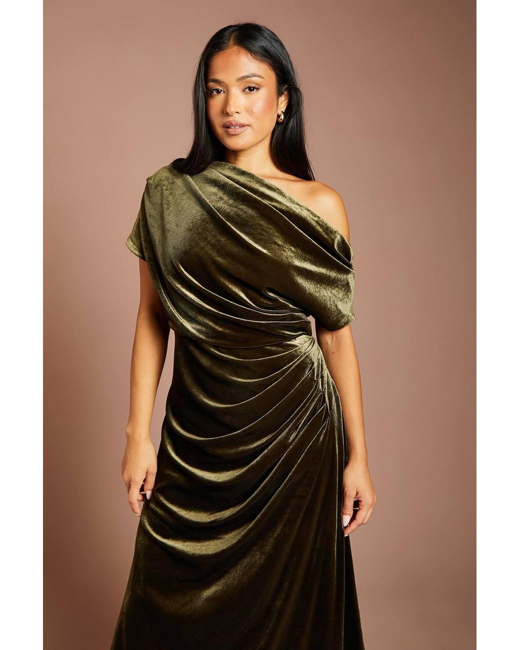 Coast Black Petite One Shoulder Ruched Detail Velvet Maxi Dress