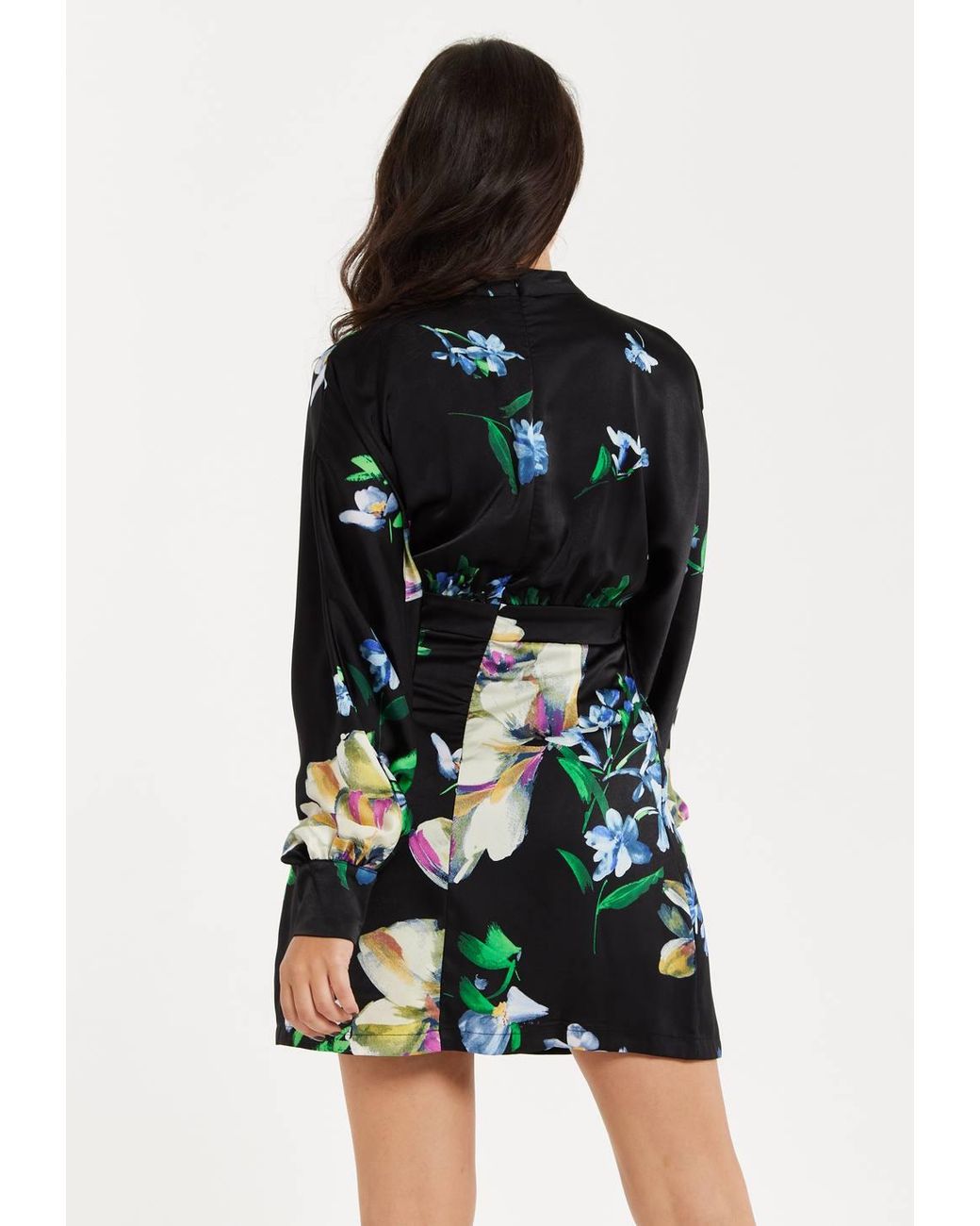 Liquorish Black Elegant Floral Print Mini Wrap Dress W/ Cut Out Detail