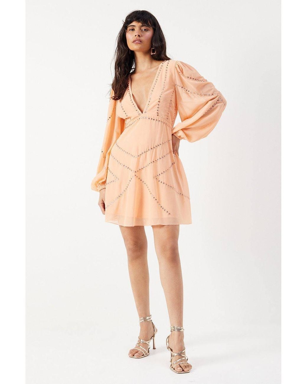 Warehouse Natural Premium Chiffon Embellished Sequin Plunge Neck Mini Dress