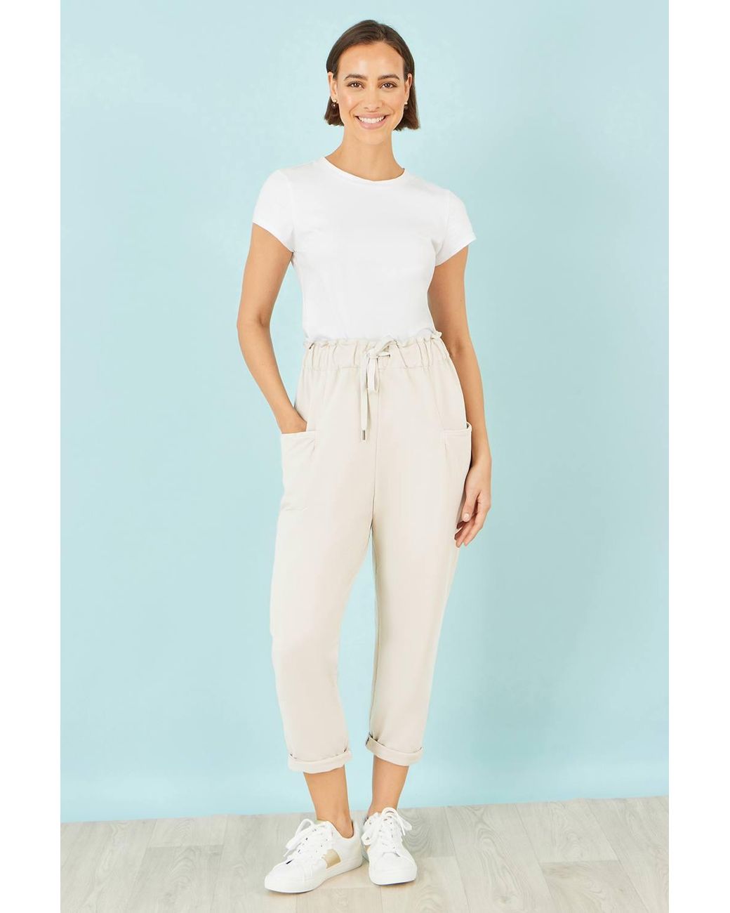 Yumi' Blue Cream Cotton Relaxed Stretch Trousers With Pockets