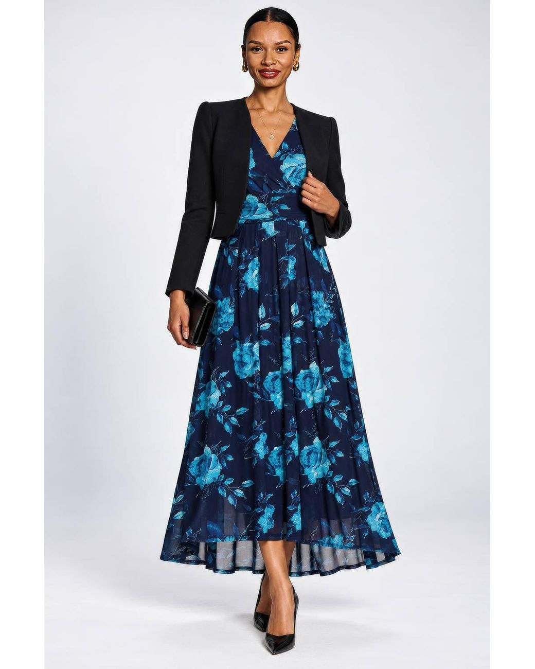 Jolie Moi Blue Long Sleeve V Neck Mesh Maxi Dress