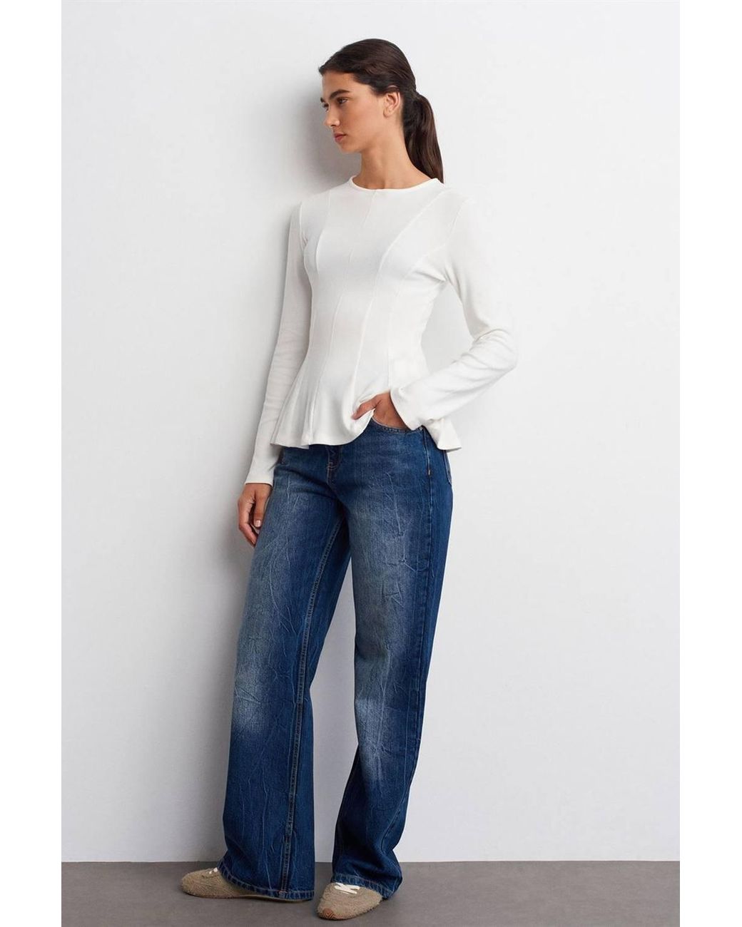 Dilvin Gray Fitted Textured Knit Peplum Blouse
