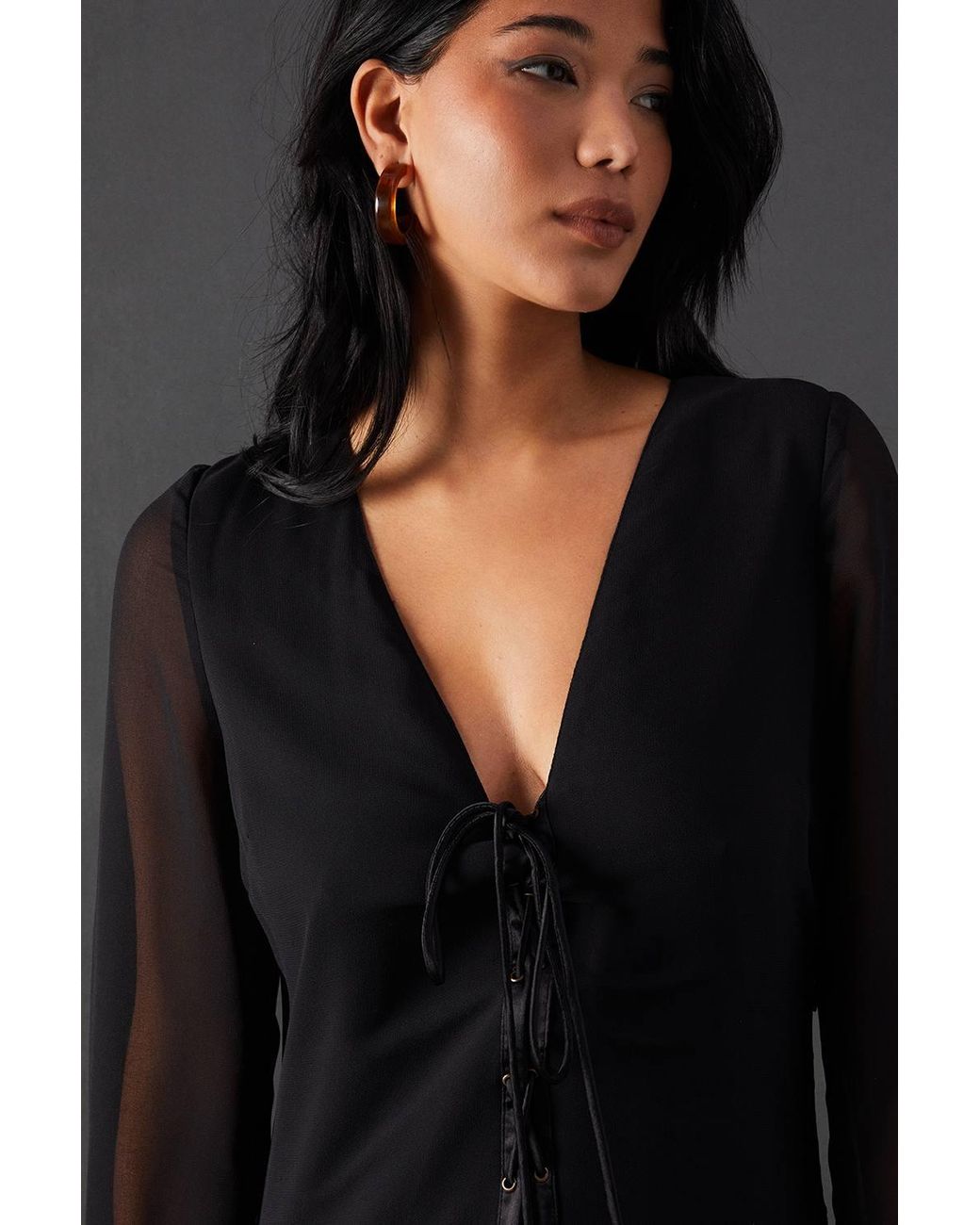 Warehouse Black Chiffon Lace Up Panelling Midi Dress