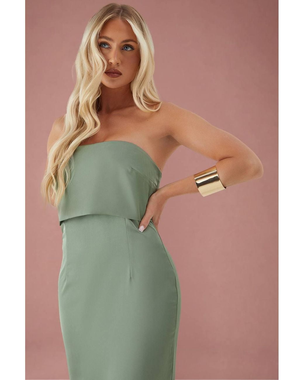 MissPap Green Premium Satin Bandeau Overlay Bridesmaid Dress