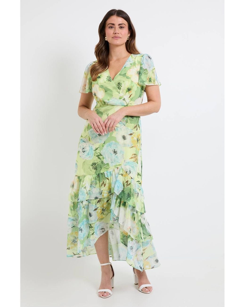 Wallis Green Floral Ruffle Hem Midi Dress