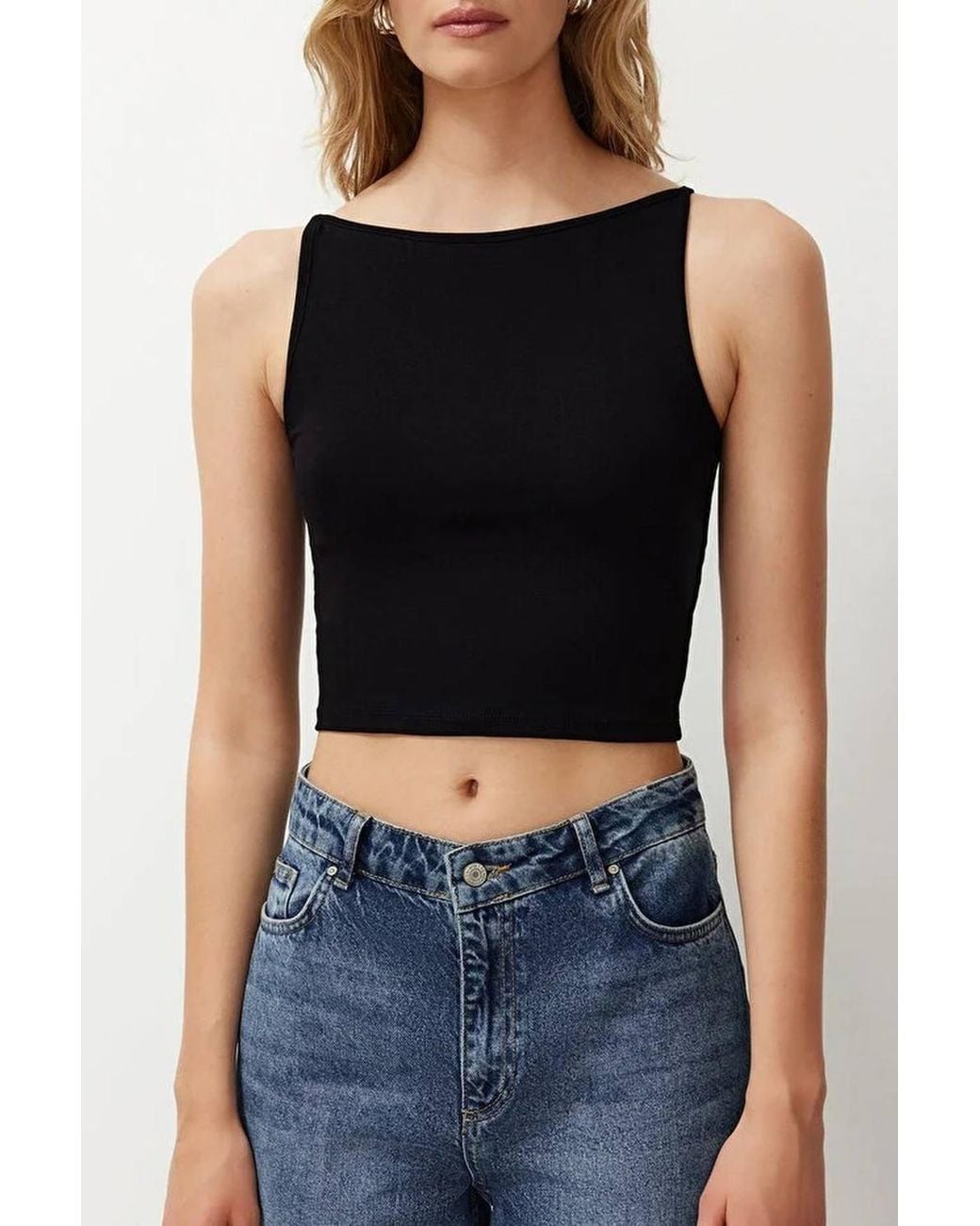 WOVCOR Black Sleeveless Slash Neck Slim Fit Cropped Stretch Top