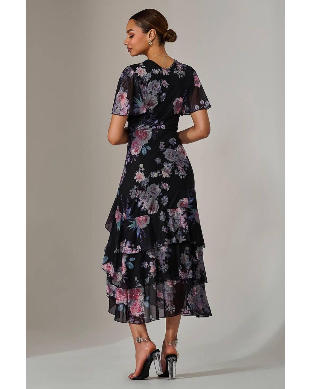 Jolie Moi Black Mesh Print Frill Hem Midaxi Dress