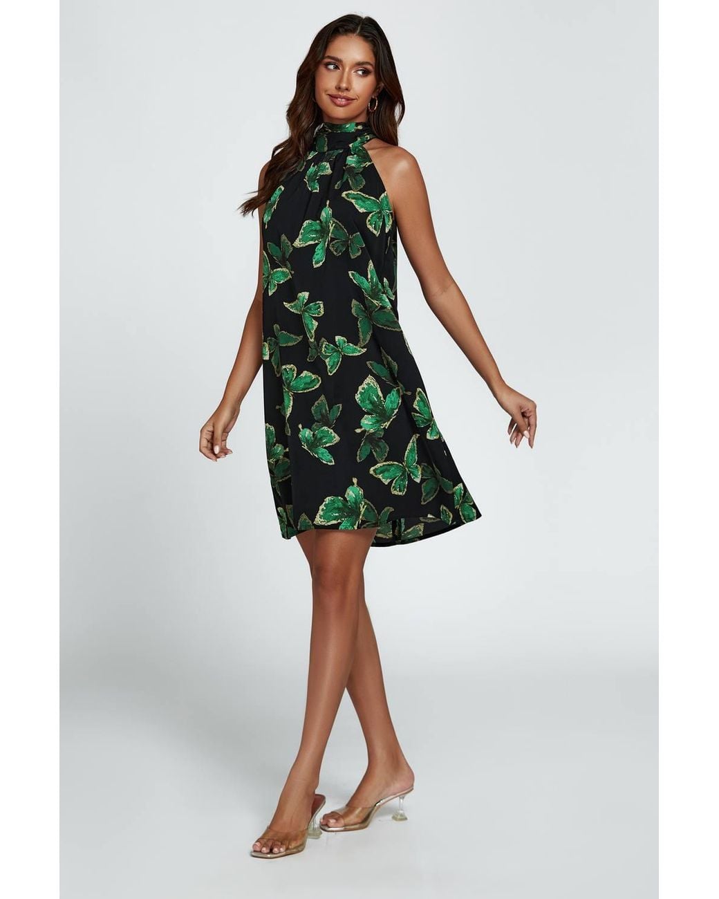 FS Collection Green Butterfly Print Halter Neck Tie Back Mini Dress
