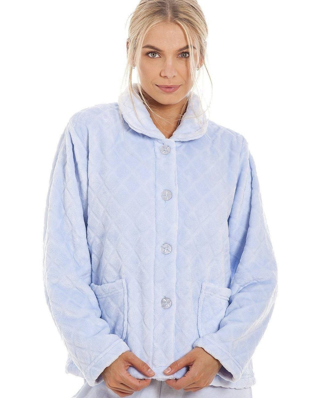 CAMILLE Blue Classic Supersoft Diamond Print Button Up Bed Jacket