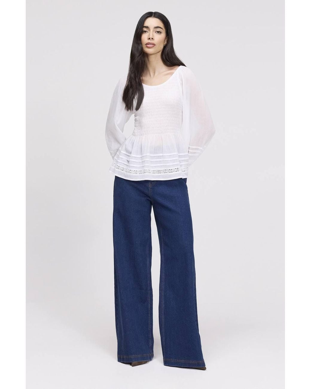 Finery London Blue Jennie Shirred Long Sleeve Cotton Top