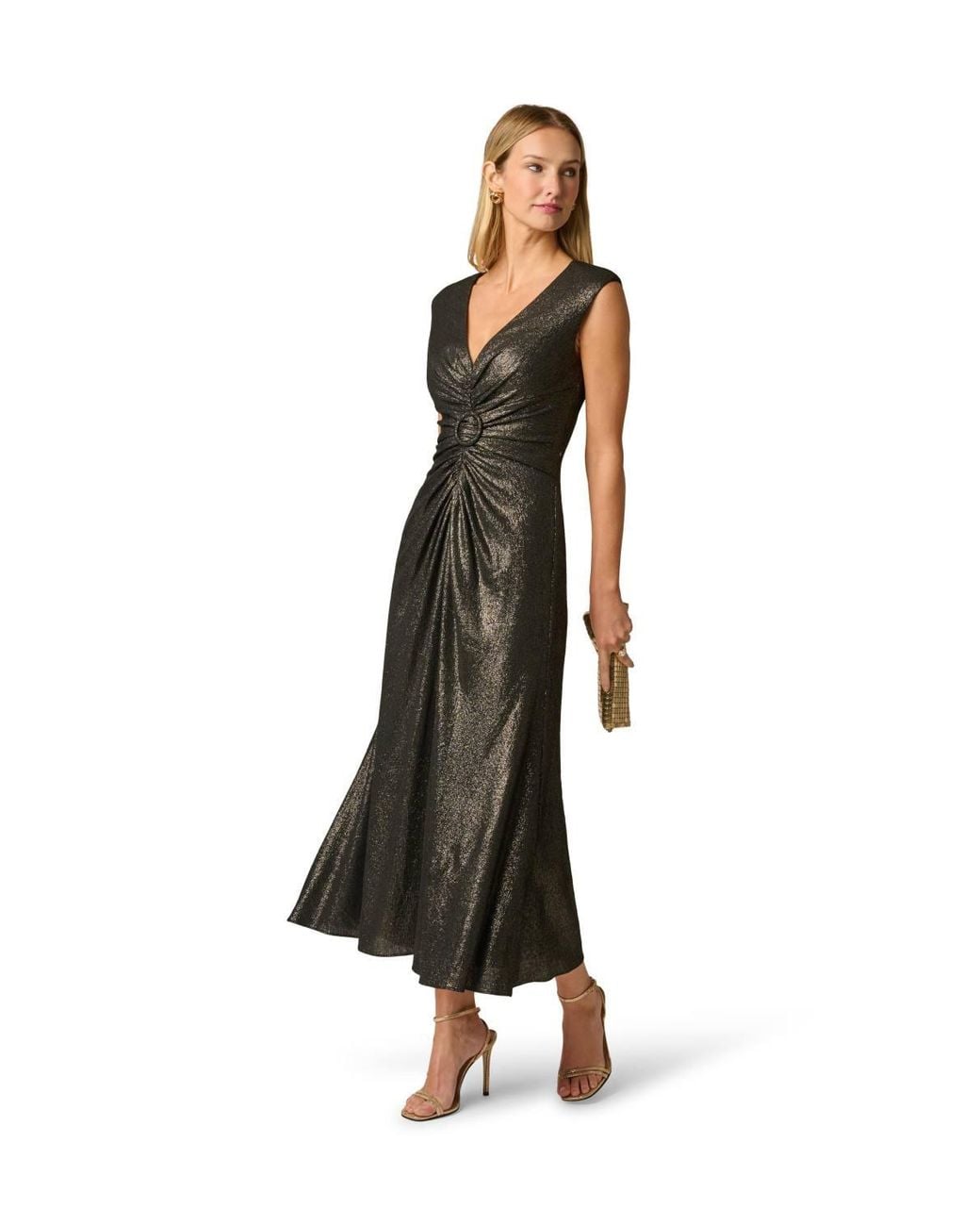 Adrianna Papell White Vneck Metallic Ankle Dress