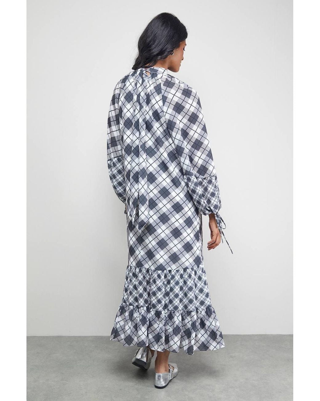 Warehouse Blue Tony Chiffon High Neck Tier Smock Midi Dress
