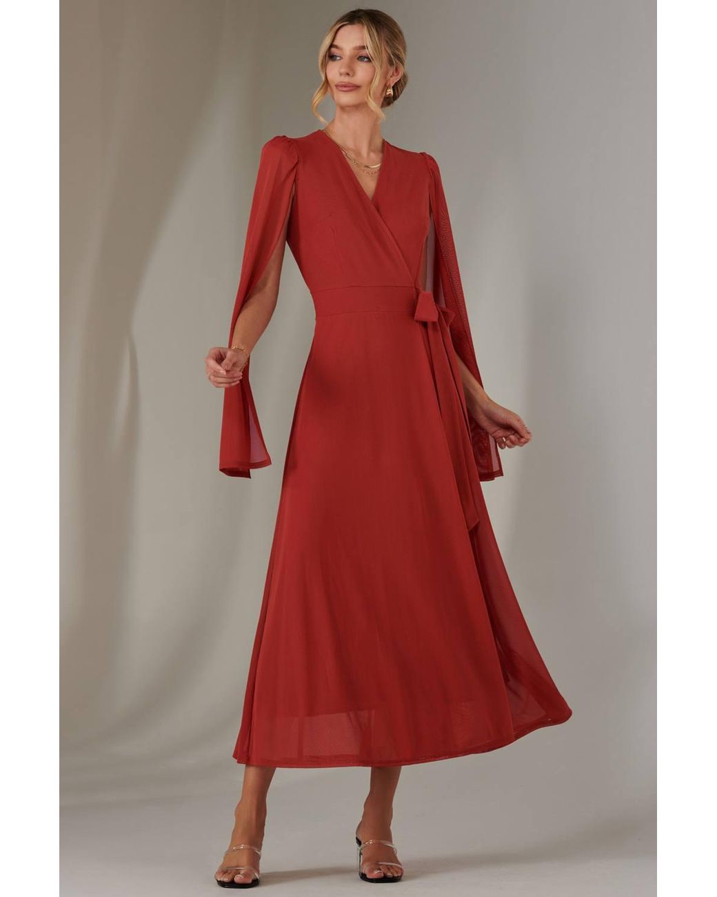 Jolie Moi Red Cape Sleeve Wrap Maxi Dress