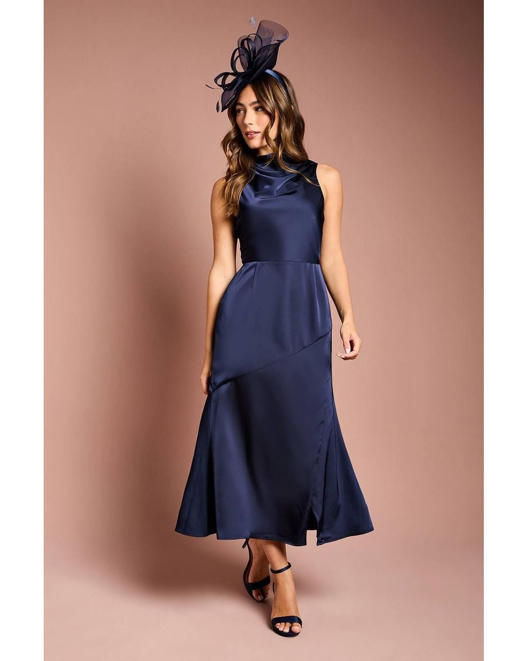 Coast Blue Cowl Neck Sleeveless Satin Midi Dress