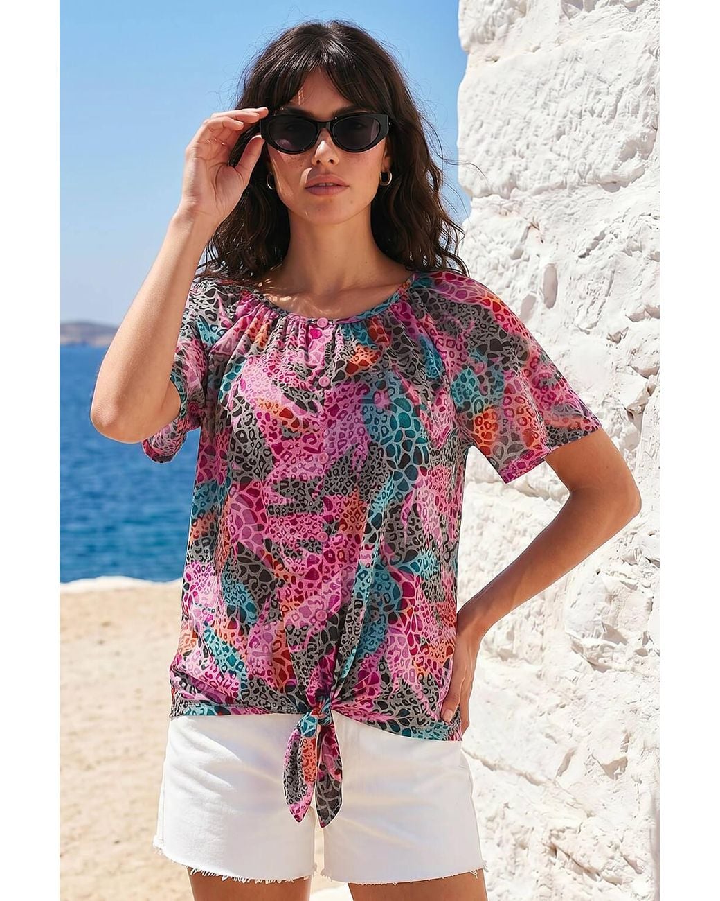 Roman Red Print Tie Front Button Top