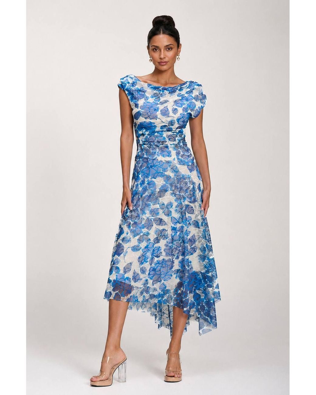 Jolie Moi Blue Asymmetric Draped Print Lace Maxi Dress