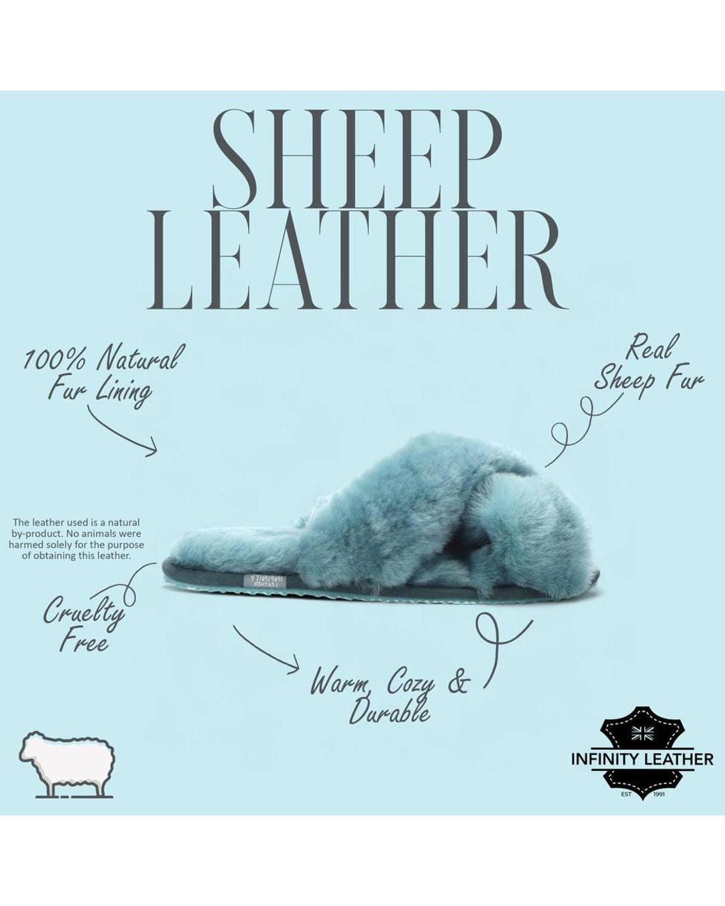 Infinity Leather Blue Sheepskin Slippers Warm Winter Fur Crossover