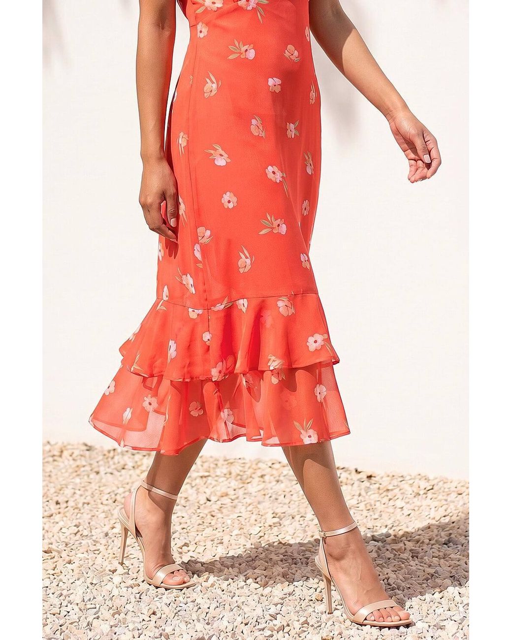 Roman Petite Floral Chiffon Frill Tiered Midi Dress
