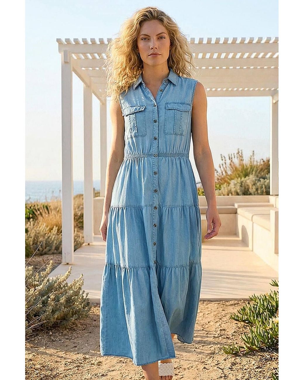 Roman Blue Collared Tiered Maxi Dress
