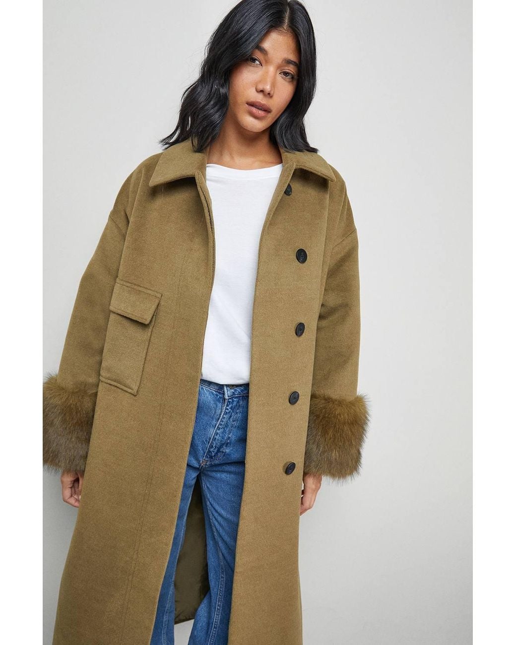 Warehouse Green Patch Pocket Faux Fur Cuff Maxi Coat