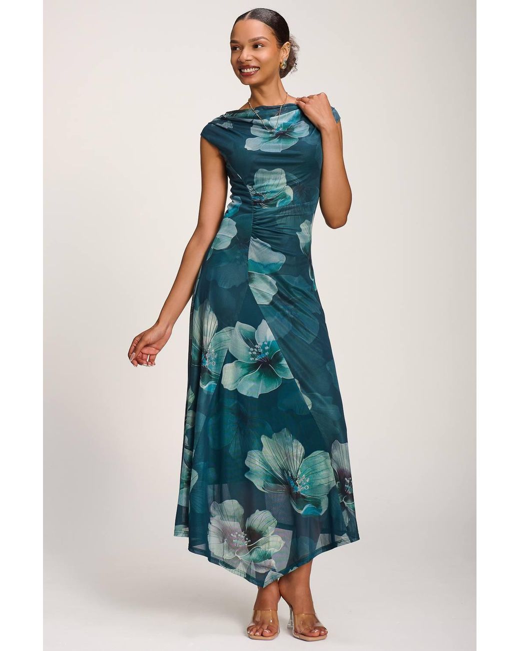 Jolie Moi Blue Asymmetric Draped Mesh Maxi Dress