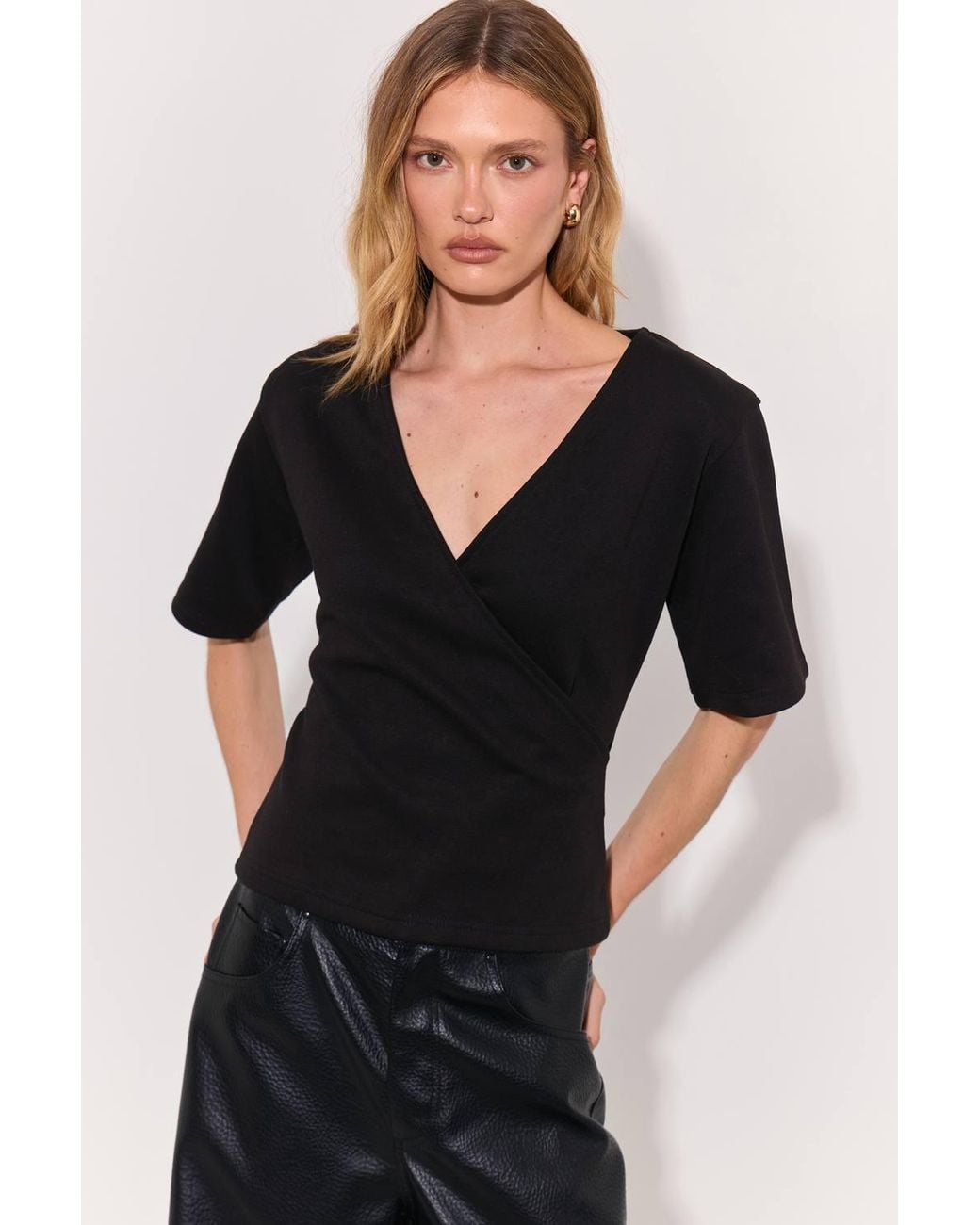 Warehouse Blue Shoulder Pad Fitted Wrap T-Shirt