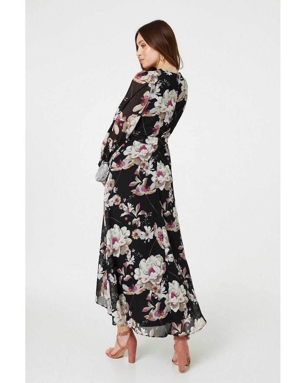 Izabel London White Floral Long Sleeve Tie Waist Wrap Midi Dress