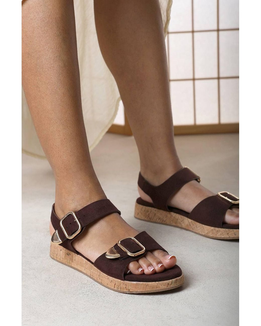 Where's That From Brown 'Cevina' Low Wedge Sandals W/ Dual Buckle Closure Straps