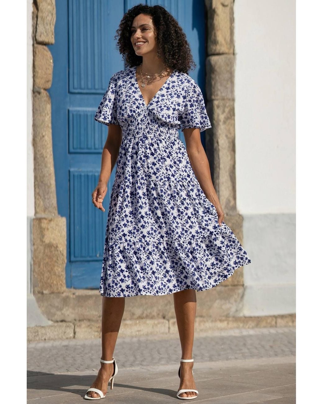 Yumi' Blue Floral Ruched Waist Midi Dress W/ Angel Sleeves