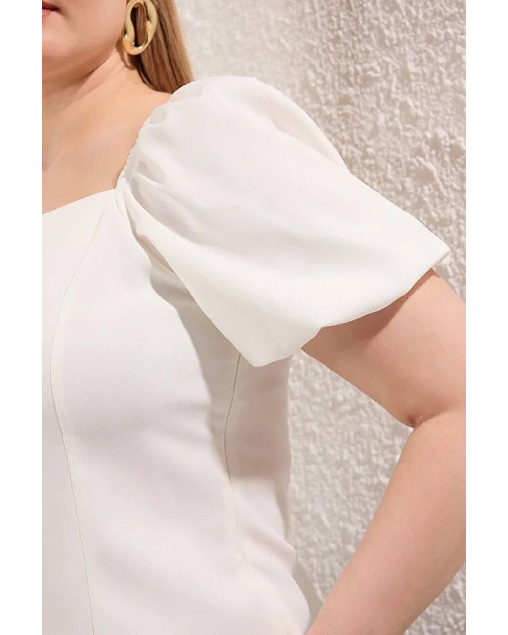 WOVCOR White Square Neck Button Detail Puff Sleeve Top