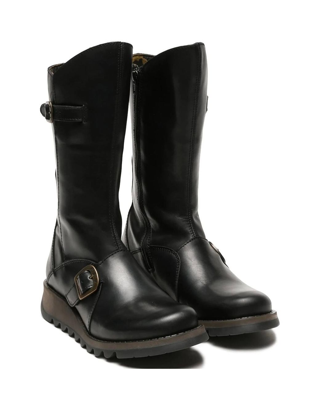 Infinity Leather Black Fly London Mes 2 Wedge Heel Buckle Mid-Calf Leather Zip Platform Boots