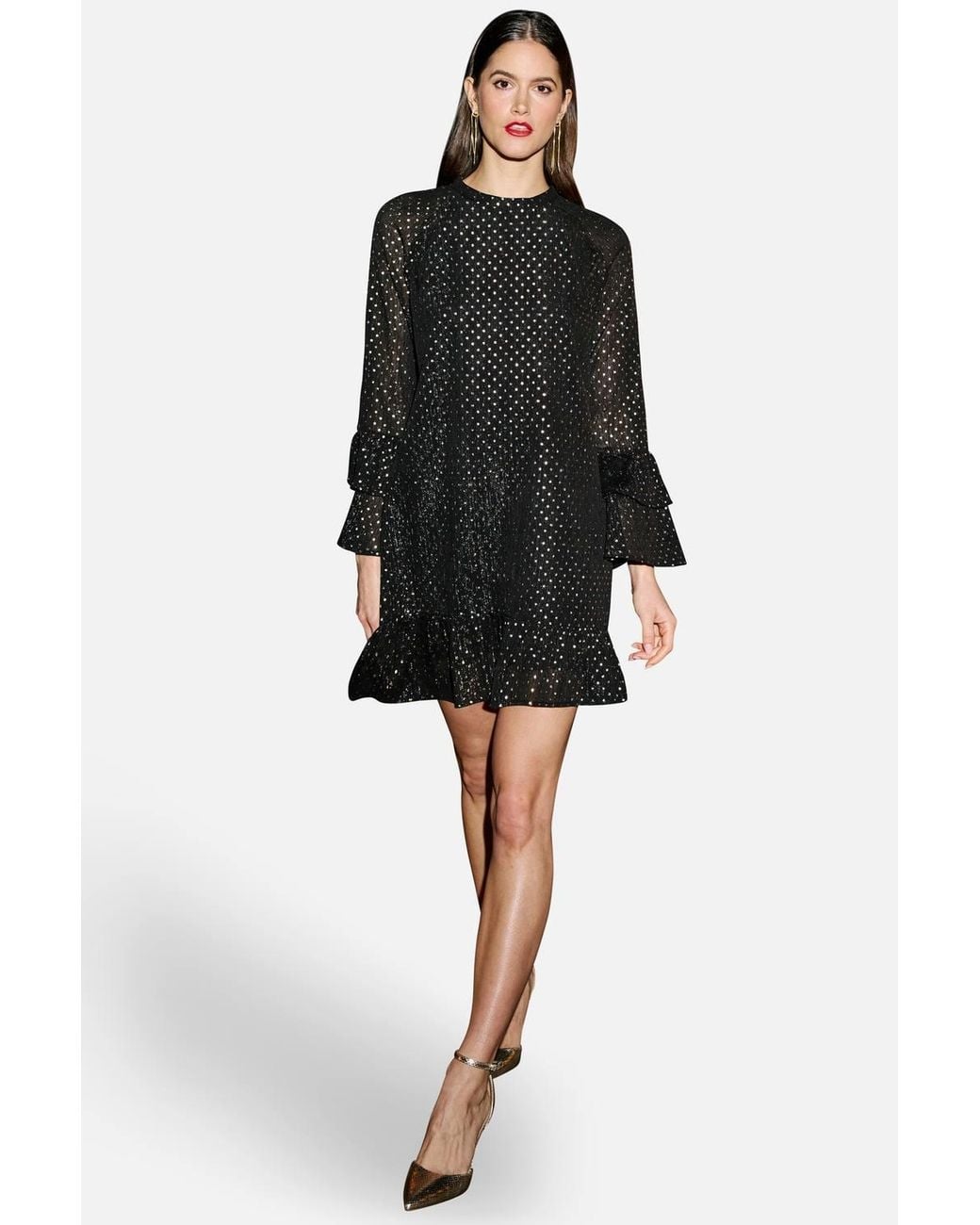 Yumi' Black Foil Print Tunic W/ Flared Sleeves Dress