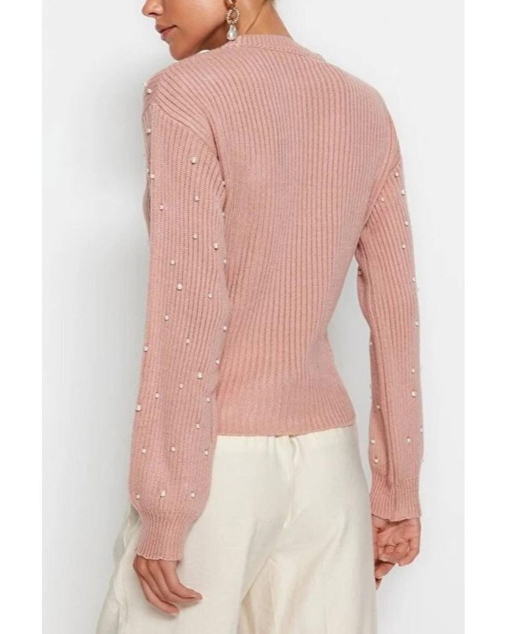 WOVCOR Pink Crew Neck Knit Sweater W/ Pearl Details