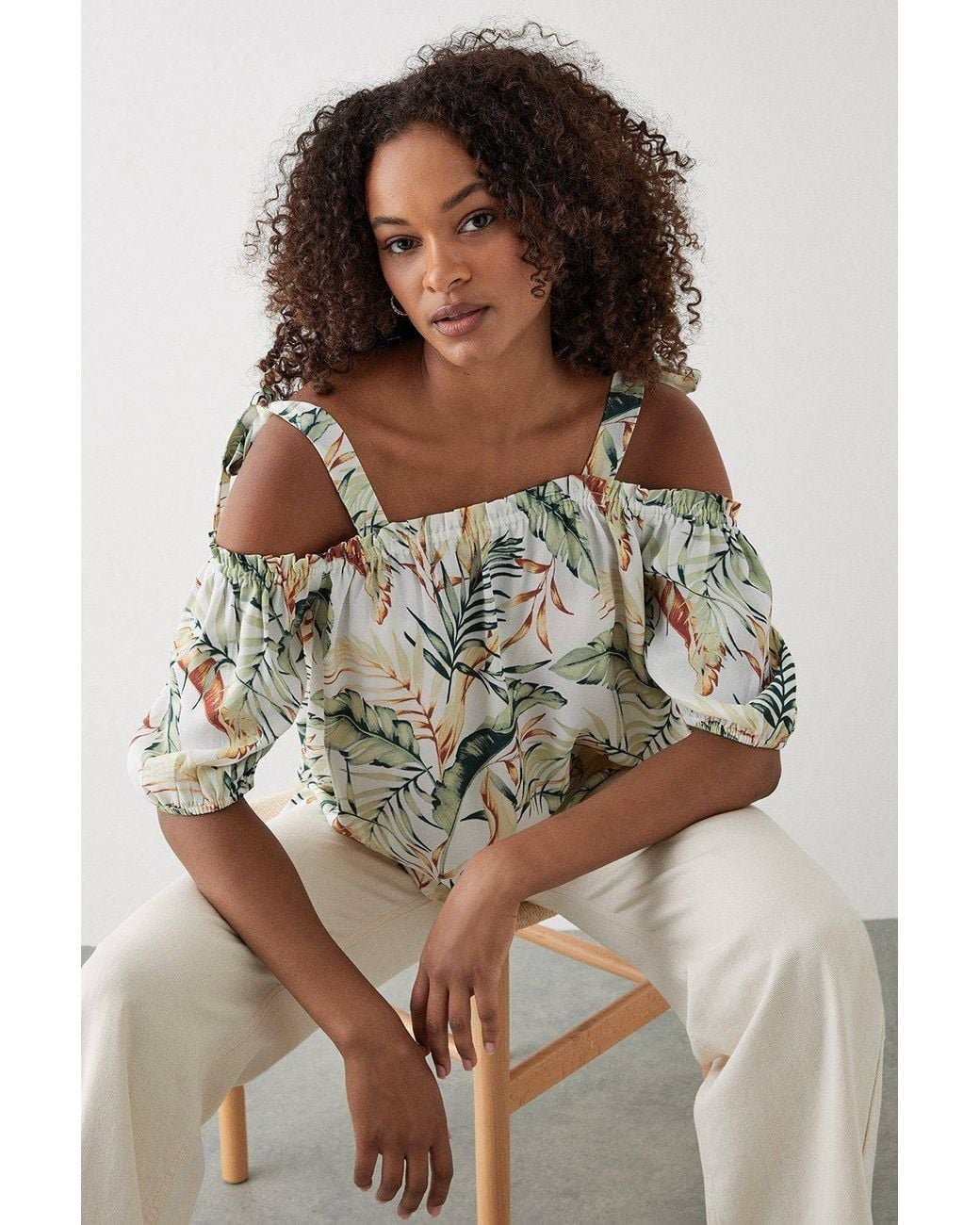 Dorothy Perkins White Tropical Tie Shoulder Bardot Top