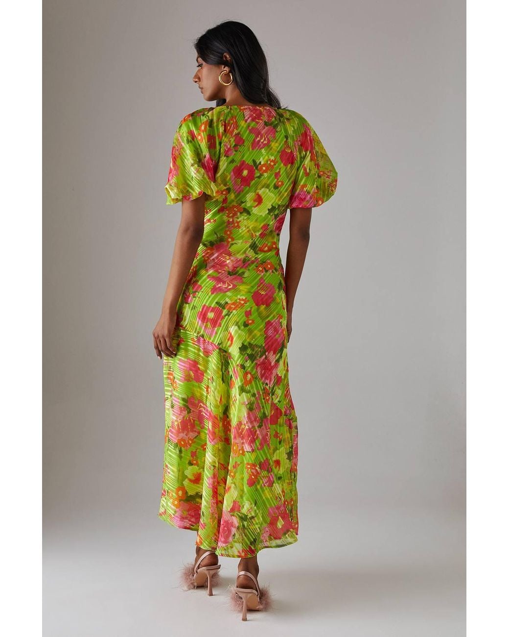Warehouse Multicolor Shadow Stripe Tie Neck Bias Midi Dress