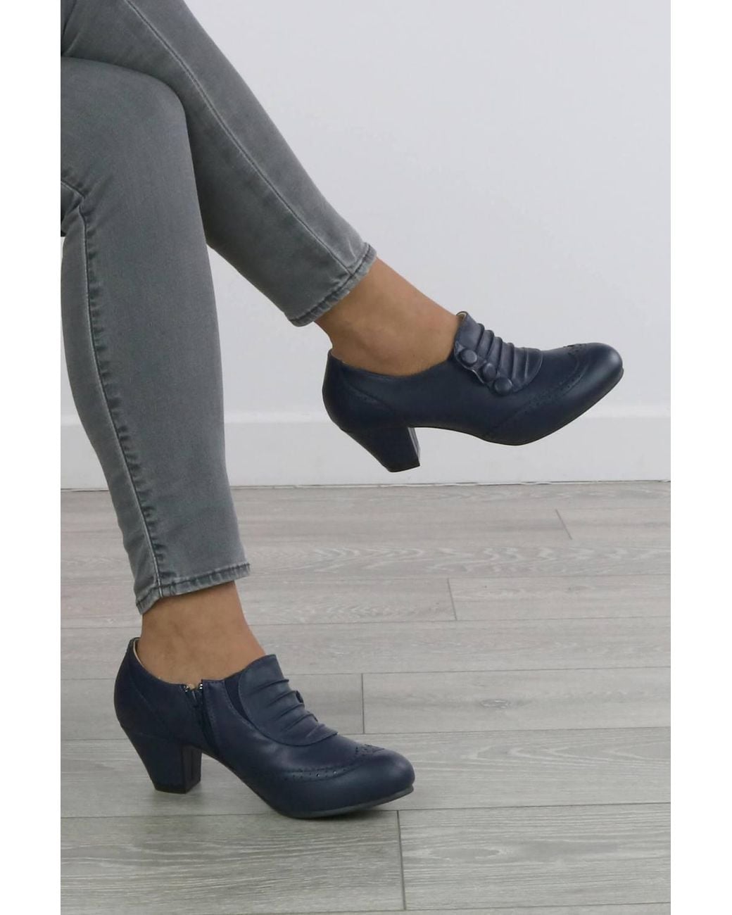 AJVANI Gray Mid Cuban Heel Brogue Buttoned Ankle Boots Shoe Boots
