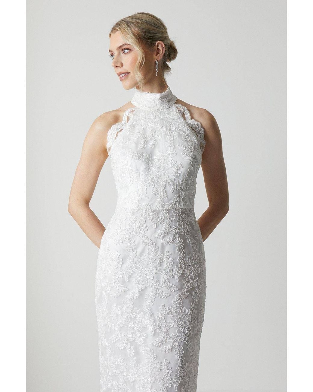 Coast White High Neck Embroidered Mesh Wedding Dress With Train