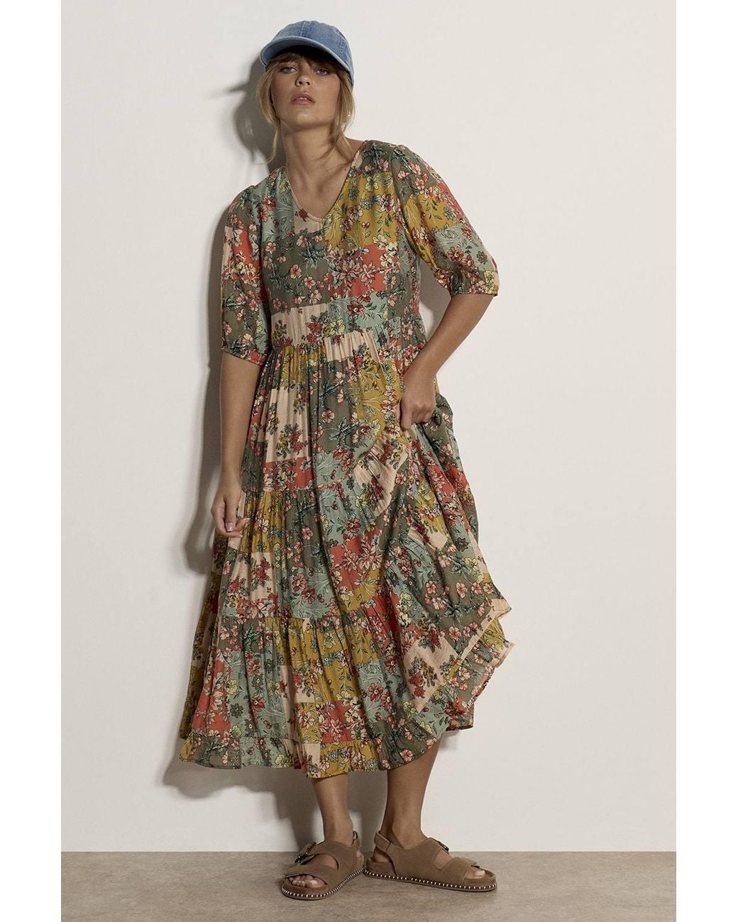 Apricot Green Patchwork Floral Midi Dress